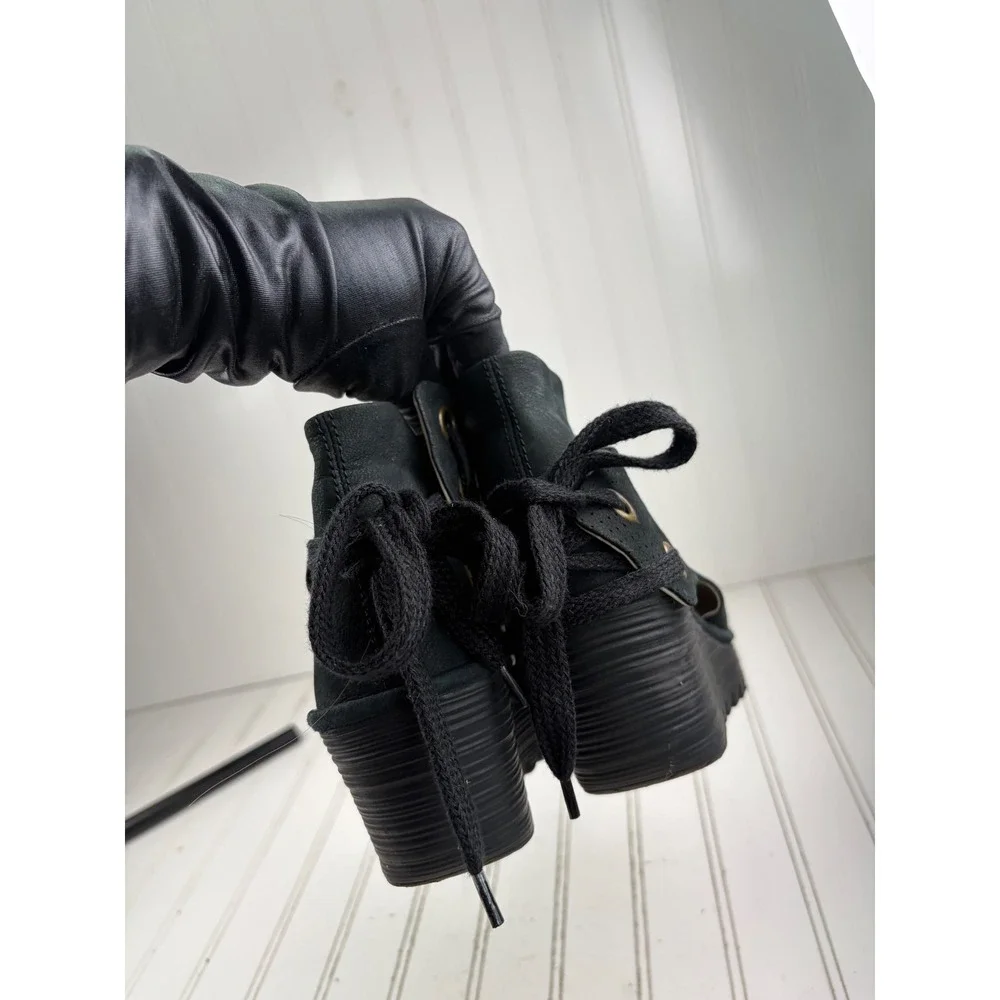 Fly London Yema Black Perforated Lace Up Wedge Sandals Women's Size 40 US 9-9.5